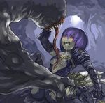  armor bestiality blush khezu monster_hunter purple_hair saliva shinazo solo tongue 