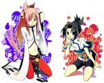  animal_ears barefoot bell belt black_hair black_panties blazblue bracelet candy cat_ears food glasses groin jewelry kneeling kokonoe linhua lollipop long_hair midriff multiple_girls multiple_tails noran panties pants pink_hair ponytail red_pants smile tail underwear yellow_eyes 