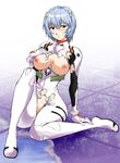 alternate_breast_size ayanami_rei bangs blue_hair blush bodysuit bracer breasts breasts_apart breasts_outside full_body gloves gradient gradient_background groin hair_between_eyes hair_ornament hand_on_ankle hand_on_own_chest highres hips konkitto large_breasts looking_at_viewer navel neon_genesis_evangelion nipples no_bra no_panties parted_lips pilot_suit plugsuit red_eyes short_hair sitting solo sweat torn_bodysuit torn_clothes turtleneck white_bodysuit 