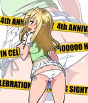  ass blonde_hair blush butt_crack caution_tape from_below green_eyes long_hair looking_back looking_down original panties pointy_ears satsuki_imonet side-tie_panties skirt solo surprised underwear zoom_layer 