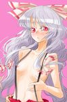  bad_id bad_pixiv_id blush bow breasts face fujiwara_no_mokou hair_bow kumadano long_hair medium_breasts naked_suspenders nipples red_eyes revealing_clothes ribbon silver_hair solo suspenders topless touhou 