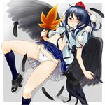  bad_id bad_pixiv_id bird black_hair black_wings blush crow fan feathers geta hat kneehighs loafers looking_at_viewer lying panties red_eyes retsumaru shameimaru_aya shoes short_hair skirt socks solo tengu-geta tokin_hat touhou underwear wings 