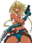  absurdres belt blonde_hair blue_eyes breasts cleavage crop_top dark_skin dual_wielding fingerless_gloves ganguro gloria_(daphne_in_the_brilliant_blue) gloves grin gun handgun highres hikari_to_mizu_no_daphne holding holster iwakura_kazunori large_breasts lipstick long_hair makeup midriff ponytail revolver short_shorts shorts smile solo thigh_holster trigger_discipline weapon 