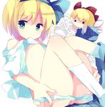  alice_margatroid alice_margatroid_(pc-98) bare_shoulders blonde_hair blue_hairband bow doll green_eyes hair_bow hairband morinaga_kobato mouth_hold panties ribbon shanghai_doll shirt_lift short_hair socks solo touhou touhou_(pc-98) underwear wings younger 