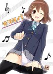  brown_eyes brown_hair gin_(ginshari) hair_ornament hairclip hirasawa_yui k-on! musical_note panties pantyhose pantyhose_pull school_uniform short_hair side-tie_panties solo striped striped_panties underwear undressing untied untied_panties 