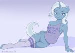  2019 anthro bottomless bracelet brian_mcpherson clothed clothing digital_media_(artwork) english_text equine eyelashes female friendship_is_magic hair horn jewelry leg_warmers legwear looking_at_viewer mammal my_little_pony off_shoulder pussy shirt smile solo text trixie_(mlp) unicorn 