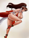 ass breasts brown_eyes brown_hair cleavage king_of_fighters large_breasts long_hair matoyama ponytail shiranui_mai snk thick_thighs thighs 