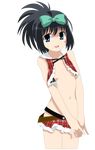  absurdres black_hair blue_eyes bow flat_chest hair_bow highres kunihiro_hajime miniskirt navel no_bra no_panties non-web_source plaid ponytail revealing_clothes saki skirt smile solo star transparent_background vector_trace 