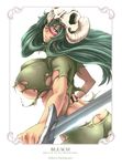  arrancar ass bleach breasts butt_crack copyright_name covered_nipples facepaint facial_mark green_hair grey_eyes huge_breasts katana kubo_taito long_hair nelliel_tu_odelschwanck no_bra no_panties official_art revealing_clothes scan skull solo sword tattoo torn_clothes underboob weapon 