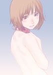  back blush brown_eyes brown_hair clenched_teeth collar face from_behind kaieda_hiroshi lips looking_at_viewer looking_back nude original short_hair solo teeth translated upper_body 