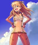  ;d blue_eyes bodysuit bowieknife cloud covered_navel day evangelion:_2.0_you_can_(not)_advance hands_on_hips long_hair multicolored multicolored_bodysuit multicolored_clothes neon_genesis_evangelion one_eye_closed open_mouth orange_bodysuit orange_hair plugsuit rebuild_of_evangelion red_bodysuit shikinami_asuka_langley skin_tight sky smile solo souryuu_asuka_langley test_plugsuit 