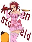  bare_shoulders blue_eyes cheese-kun code_geass detached_sleeves food garters holding_pizza kallen_stadtfeld murata_isshin pizza pizza_hut red_hair short_hair solo thighhighs tray waitress zettai_ryouiki 