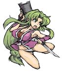  armpits bazooka breasts cleavage fundoshi ganbare_goemon green_hair japanese_clothes large_breasts long_hair open_mouth solo sword teruki weapon yae_(ganbare_goemon) 