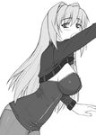  breasts covered_nipples greyscale large_breasts lisa_vixen long_hair monochrome no_pants panties panties_under_pantyhose pantyhose pantyshot routes shichimenchou simple_background solo underwear 