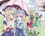  animal_ears bad_id bad_pixiv_id blonde_hair bow brown_hair cat_ears cat_tail chen cherry_blossoms closed_eyes creamfully day elbow_gloves fox_tail ghost gloves grass hair_bow hairband hat holding holding_umbrella katana konpaku_youmu konpaku_youmu_(ghost) long_hair long_sleeves multiple_girls multiple_tails one_eye_closed open_mouth outdoors pillow_hat pink_eyes pink_hair puffy_short_sleeves puffy_sleeves purple_eyes saigyouji_yuyuko shared_umbrella sheath sheathed shoes short_hair short_sleeves silver_hair socks sword tail tassel touhou tree triangular_headpiece umbrella weapon wide_sleeves yakumo_ran yakumo_yukari 