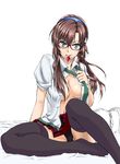  bad_id bad_pixiv_id bed blue_eyes breasts brown_hair condom condom_in_mouth evangelion:_2.0_you_can_(not)_advance glasses highres large_breasts long_hair makinami_mari_illustrious mouth_hold navel necktie neon_genesis_evangelion no_bra open_clothes open_shirt plaid plaid_skirt rebuild_of_evangelion school_uniform shirt skirt solo swimmer? thighhighs twintails unbuttoned undressing zettai_ryouiki 