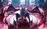  blurry claws demon_girl depth_of_field detached_sleeves duplicate horns markings non-web_source original pointy_ears red_eyes rezi scythe short_hair silver_hair sitting solo spread_legs thighhighs wings 