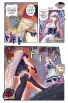  2girls artist_name azur_lane belfast_(azur_lane) black_gloves black_panties blue_eyes boots breasts cleavage comic commentary english_commentary english_text faceless faceless_female gameplay_mechanics gloves grey_hair highres jojo_no_kimyou_na_bouken large_breasts maid multiple_girls panties pantyshot parody purple_eyes s.claw scharnhorst_(azur_lane) shaded_face thigh_boots thighhighs underwear 