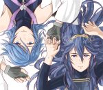  2girls aqua_(kingdom_hearts) blue_eyes blue_hair closed_mouth crossover eyebrows_visible_through_hair fingerless_gloves fire_emblem fire_emblem:_kakusei gloves hair_between_eyes hair_ornament hand_holding holding interlocked_fingers kimkun06 kingdom_hearts kingdom_hearts_birth_by_sleep long_hair looking_at_viewer lucina multiple_girls nintendo open_eyes ribbed_sweater short_hair simple_background sweater tiara turtleneck turtleneck_sweater twitter_username watermark white_background 