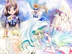  aa_megami-sama angel belldandy blonde_hair blue_eyes blue_hair brown_eyes brown_hair highres kaho_(sister_princess) multiple_girls murakami_suigun nude red_eyes rin-sin sharon_(words_worth) sister_princess sugiyama_genshou suzuhira_hiro sword third-party_edit wallpaper weapon wings words_worth 