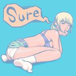  blonde_hair bra copyright_request english finger_licking kaieda_hiroshi licking lingerie lips panties ponytail short_hair simple_background skirt socks solo underwear white_panties 