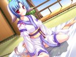  bed bedwetting blue_hair character_request female girl highres japanese_clothes kimono panties peeing peeing_self source_request striped striped_panties tabi tail underwear wet_panties wetting 
