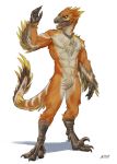  abs amon-sydonai anthro athletic biceps black_skin chest_tuft claws dinosaur feathers looking_at_viewer male nude open_mouth orange_feathers pecs pubes raised_arm raptor simple_background solo standing tan_feathers theropod tuft utahraptor utahraptor_(character) white_background yellow_eyes 