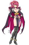  belt black_legwear boots breasts cape choker cleavage dagger doora fingerless_gloves gloves green_eyes hairband hands_on_hips kajiyama_hiroshi large_breasts loincloth long_hair queen's_blade queen's_blade_spiral_chaos red_hair smile solo sword thigh_boots thighhighs watermark weapon 