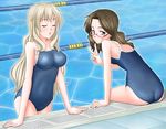  alternate_hairstyle ass blonde_hair blush breasts brown_hair caustics closed_eyes competition_school_swimsuit drain_(object) forehead glasses impossible_clothes impossible_swimsuit kannagi kimura_takako lane_line large_breasts long_hair looking_back medium_breasts multiple_girls one-piece_swimsuit ookouchi_shino pekopon pool poolside red-framed_eyewear sitting soaking_feet swimsuit v water wet 