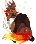  2018 ahoge anthro big_butt bottomless butt canid canine caradhina clothed clothing digital_media_(artwork) embers female fire fur hair hi_res lilirulu mammal open_mouth phone simple_background solo sweater thick_thighs video_games 