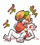  1girl 2ch 8toushin bad_id bad_pixiv_id blonde_hair blood commentary_request face_punch hair_ribbon in_the_face light_brown_hair long_hair nozo ponytail punching red_skirt ribbon rockman rockman_(classic) roll skirt tears 