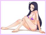  ahoge barefoot bikini black_hair body_blush border breasts covered_nipples feet from_side full_body head_tilt idolmaster idolmaster_(classic) knees_on_chest large_breasts legs light_smile long_hair looking_at_viewer micro_bikini mine_(peak) miura_azusa purple_bikini red_eyes shadow shiny shiny_skin side-tie_bikini simple_background smile solo strap_gap string_bikini swimsuit very_long_hair wet white_background 