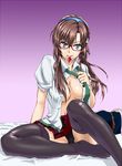  breasts condom condom_in_mouth glasses large_breasts long_hair makinami_mari_illustrious mouth_hold neon_genesis_evangelion panties rebuild_of_evangelion school_uniform solo swimmer? thighhighs underwear undressing 
