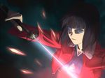  amino_(tn7135) bad_id bad_pixiv_id black_hair blue_eyes glowing glowing_eyes jacket kara_no_kyoukai katana multicolored multicolored_eyes red_jacket ryougi_shiki short_hair solo sparks sword weapon 