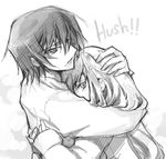  1girl c.c. chin_rest code_geass couple creayus english greyscale hand_on_another's_head head_rest hetero hug lelouch_lamperouge monochrome protecting 