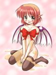  animal_ears blush bococho bow breasts brown_eyes fingernails large_breasts long_fingernails mystia_lorelei naked_ribbon ned oil red_hair ribbon short_hair sitting solo thighhighs touhou wings 