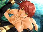  breast_press breasts dark_skin game_cg huge_breasts mira_(queen_bonjourno) nipples nude open_mouth queen_bonjourno red_hair sano_toshihide short_hair solo water yellow_eyes 