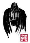  black_wings bodysuit darth_vader highres male_focus mask radatorm simple_background solo star_wars text_focus white_background wings 