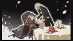  1girl artist_request bat blazblue blazblue:_calamity_trigger blonde_hair bow butler cat chair covering_with_blanket cross cup gii gothic_lolita inverted_cross lolita_fashion long_hair nago official_art rachel_alucard red_bow ribbon sleeping table teacup teapot twintails valkenhayn_r_hellsing vampire 