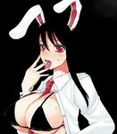  alternate_color animal_ears between_breasts bikini_top black_hair breasts bunny_ears cleavage doru_riheko finger_licking huge_breasts licking long_hair necktie open_clothes open_shirt red_eyes reisen_udongein_inaba shirt solo tongue touhou underboob 