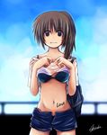  bad_id bad_pixiv_id body_writing bra brown_hair copyright_request fuyugiri_shinobu lingerie ponytail shirt_lift shorts signature solo underwear 