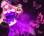  alternate_hairstyle atarashi blue_eyes bug butterfly headphones headset insect long_hair megurine_luka midriff navel panties pantyhose pink_hair purple_legwear see-through skirt solo underwear vocaloid 