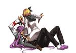  1girl age_difference bdsm blonde_hair blood bondage bound bound_wrists bow dpzkzl dress girl_on_top kagamine_rin kamui_gakupo knife kyoufu_garden_(vocaloid) long_hair lying nail_polish purple_eyes purple_hair purple_nails sailor_dress short_hair thighhighs vocaloid weapon yandere yellow_nails 
