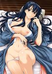  bare_shoulders blue_eyes blue_hair blue_kimono breasts groin hair_ribbon isse japanese_clothes kimono large_breasts long_hair lying navel nipples on_back panties panty_pull rance_(series) ribbon sengoku_rance solo sweat uesugi_kenshin_(rance) underwear white_panties wide_hips yukata 