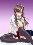  bed black_legwear black_panties blue_eyes breasts brown_hair condom condom_in_mouth evangelion:_2.0_you_can_(not)_advance glasses highres large_breasts long_hair looking_at_viewer makinami_mari_illustrious mouth_hold neon_genesis_evangelion open_clothes open_shirt panties pantyshot rebuild_of_evangelion school_uniform shirt simple_background sitting solo swimmer? thighhighs twintails underwear 