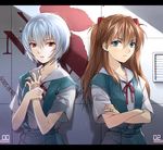  ayanami_rei bad_id bad_pixiv_id bandaid bandaid_on_finger bandaid_on_hand blue_eyes blue_hair crossed_arms letterboxed light_particles looking_at_viewer multiple_girls neon_genesis_evangelion nerv red_eyes red_hair ryou_(kimagure) shade short_hair souryuu_asuka_langley upper_body 