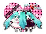  aqua_hair black_dress chibi dress dual_persona green_eyes hair_ribbon hatsune_miku long_hair mig multiple_girls ribbon tail twintails vocaloid white_dress 