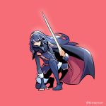  1girl armor blue_eyes blue_hair blush cape fingerless_gloves fire_emblem fire_emblem:_kakusei gloves highres long_hair looking_at_viewer lucina nintendo simple_background smile solo super_smash_bros. super_smash_bros._ultimate tiara timtam weapon 