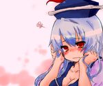  bad_id bad_pixiv_id blue_hair blush breasts cleavage hand_in_hair hat kamishirasawa_keine large_breasts long_hair red_eyes solo squiggle takamura tears touhou upper_body 