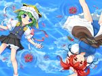  arms_behind_head arms_up blue_eyes cloud day flower from_above green_hair hair_bobbles hair_ornament hat lying multiple_girls on_back onozuka_komachi red_eyes red_hair reflection rotational_symmetry shiki_eiki short_hair smile spider_lily touhou two_side_up wapokichi water 